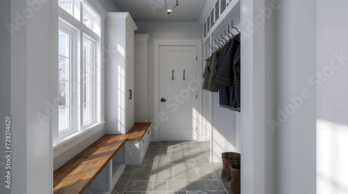 A minimalist mudroom with built-in storage benches, hooks for coats, and a clean, uncluttered look. 