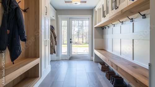 A minimalist mudroom with built-in storage benches, hooks for coats, and a clean, uncluttered look. 