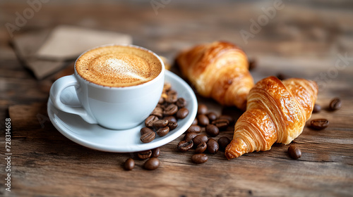 delicious crispy croissant on a plate with a cup of freshly brewed coffee with a pattern on milk froth