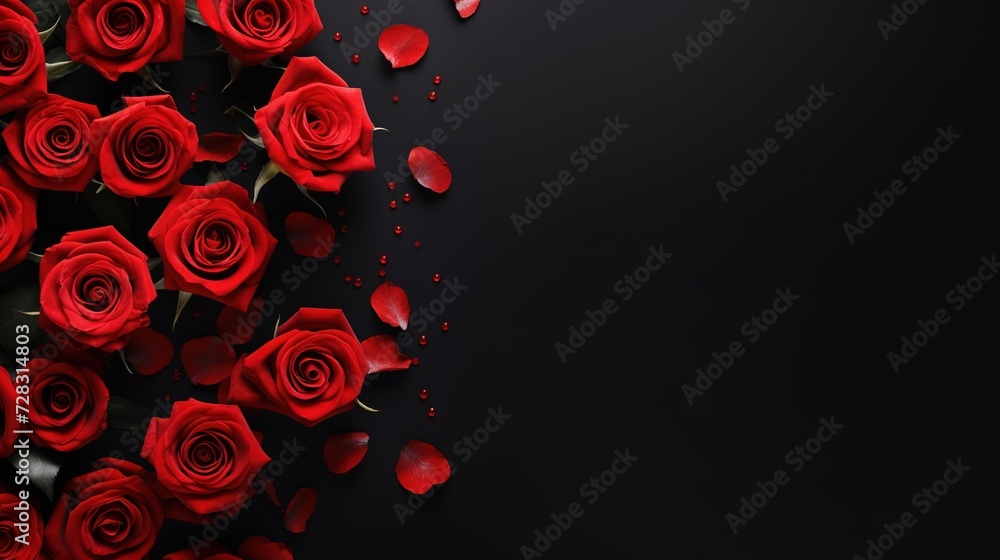 Valentine's Day banner with blank space for text top view black background with red rose Valentine's Day banner with blank space for text top view black background with red rose