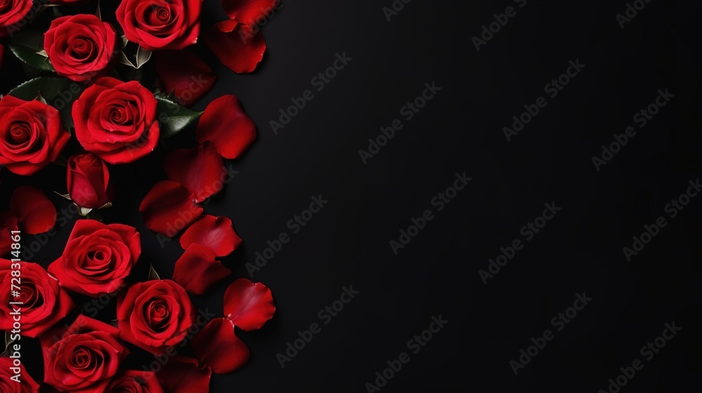 Valentine's Day banner with blank space for text top view black background with red rose Valentine's Day banner with blank space for text top view black background with red rose