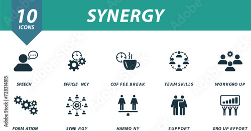 Synergy icons set. Creative icons: speech, efficiency, coffee break, team skills, workgroup, formation, synergy, harmony, support, group effort.