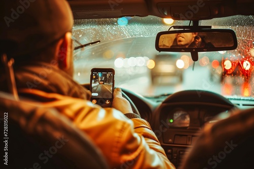 Capturing a fleeting moment, a man snaps a photo of another in his car, framed by the automotive mirror and windshield, as they drive through the bustling streets