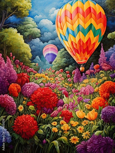 Colorful Hot Air Balloon Art: A Breathtaking Floral Beauty Surrounded by Vibrant Balloons © Michael