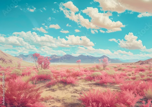 A vibrant oasis amidst the arid mountain steppe, a field of pink flowers dances under the clear blue sky, painting the natural landscape with splashes of color
