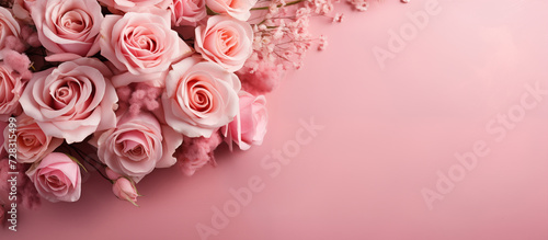 close-up of a bouquet of flowers in hands on a pink background  Happy Mother s Day