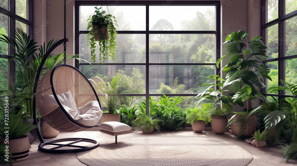 A minimalist sunroom with floor-to-ceiling windows, a hanging chair, and indoor plants. 