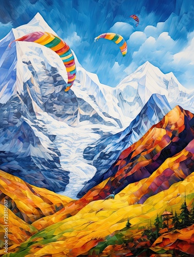 Colorful Kite Festival: Majestic Mountain Peaks with Vibrant Kites Dancing Above