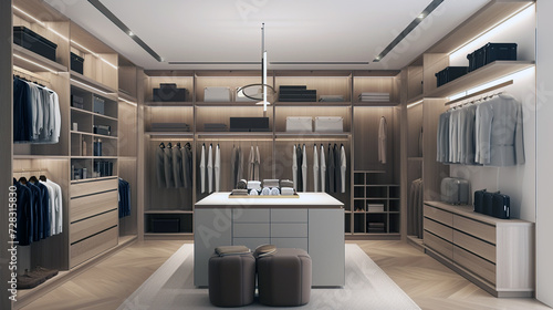 A minimalist walk-in closet with open shelving, a center island, and a minimalist chandelier. 