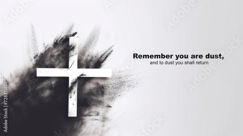 Minimalist Ash Wednesday banner with text Remember you are dust , ash cross, subtle gradient background from ash gray to white