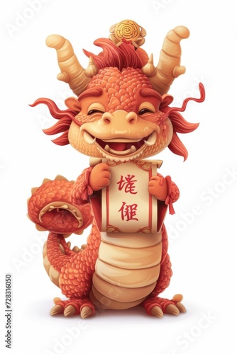 Mascot cute dragon holding a congratulatory wealth scroll at the bottom of the picture, numerous facial expressions and poses, children's book character with a simple Chinese