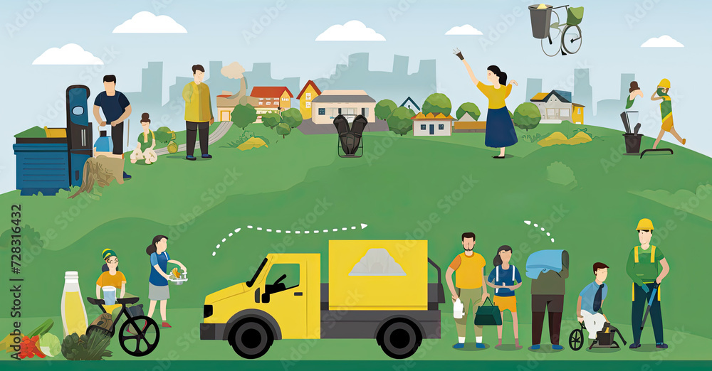 Group of volunteers collects garbage for subsequent recycling and disposal, taking care of nature, cleaning in the park, street garbage and trash, illustration. Generative AI