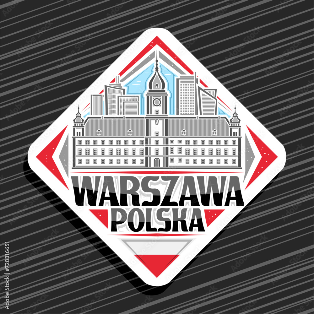 Vector logo for Warszawa, white rhombus road sign with line illustration of historic european warszawa city scape on day sky background, decorative refrigerator magnet with black text warszawa polska - obrazy, fototapety, plakaty 