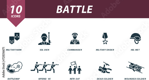 Battle icon set. Creative icons: military rank, soldier, commander, military order, helmet, battle map, offensive, retreat, dead soldier, wounded soldier. photo