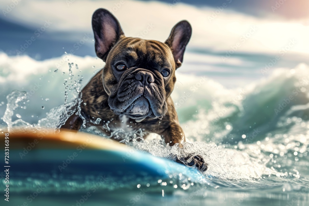 A french bulldog rides the waves with style and grace, proving that even a land mammal can conquer the ocean on a surfboard