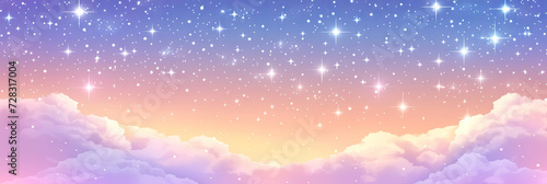 a sky with stars and clouds background, pink Holographic fantasy rainbow unicorn, vector, Pastel color sky space galaxy, for backgrounds, digital art, fantasy book covers, banner poster template