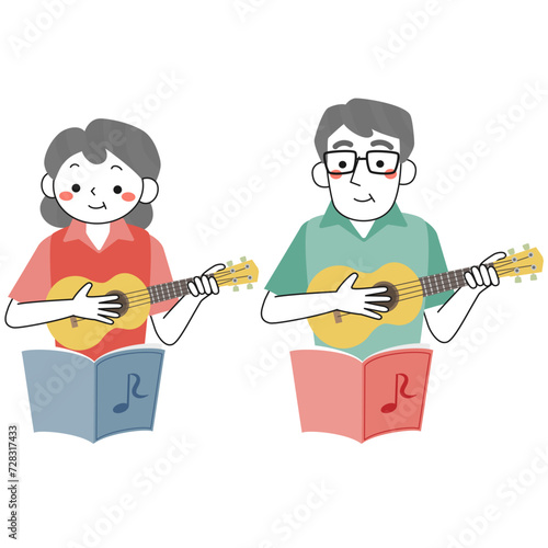 ウクレレを弾くシニア女性とシニア男性