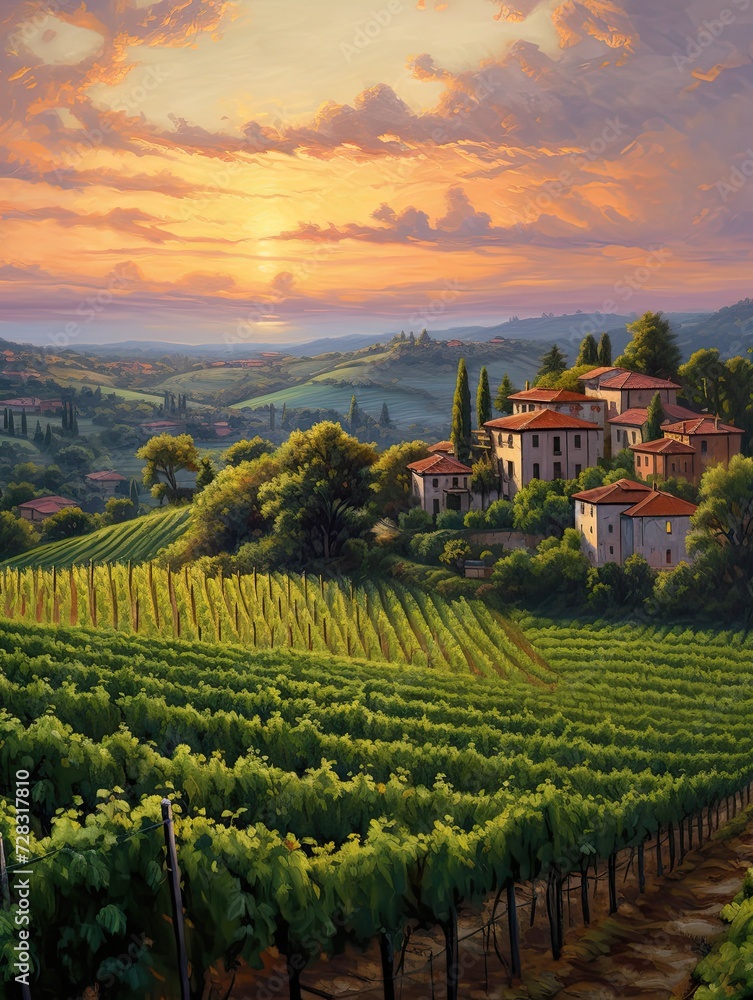 Italian Vineyard Sunsets: A Dusk Over Winery Twilight Landscape