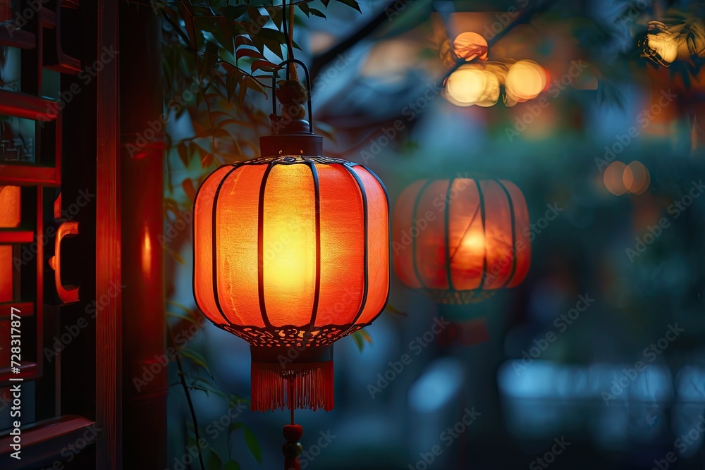 Chinese glowing lantern with red flames inside