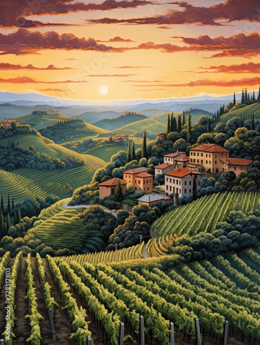 Italian Vineyard Sunsets: Captivating Artwork Showcasing Rolling Hills and Waves of Vine Terraces