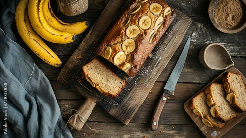 Delicious banana bread served on wooden table, flat lay photo