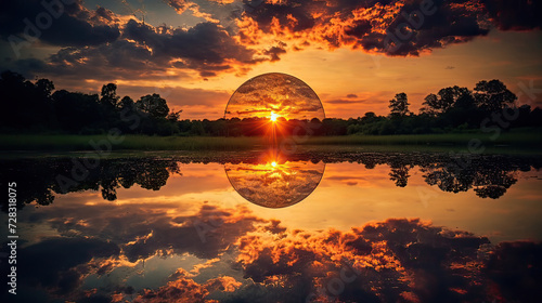 A reflective sunset with a mirror-like surface, capturing the beauty of the sky and its surroundings Ai Generative