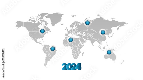 Vector world map infographic symbo with blue gradient map pointers. 2024 sign. International global illustration. Elements for business  web design  presentation  data report  media  news  blog