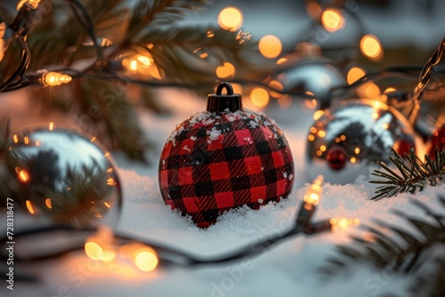 This is a photograph of red and black plaid checkered Christmas ornament shot in the snow surrounded by glowing Christmas lights, evergreen pine tree branches and other silver ornaments. 