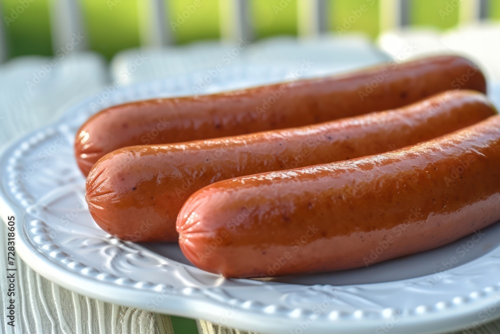 This is a photograph of three hot dogs on a white plate on a white wooden picnic bench. This is a great image for a Fourth of July picnic. This is a photograph of three hot dogs on a white plate on a white wooden picnic bench. This is a great image for a Fourth of July picnic.