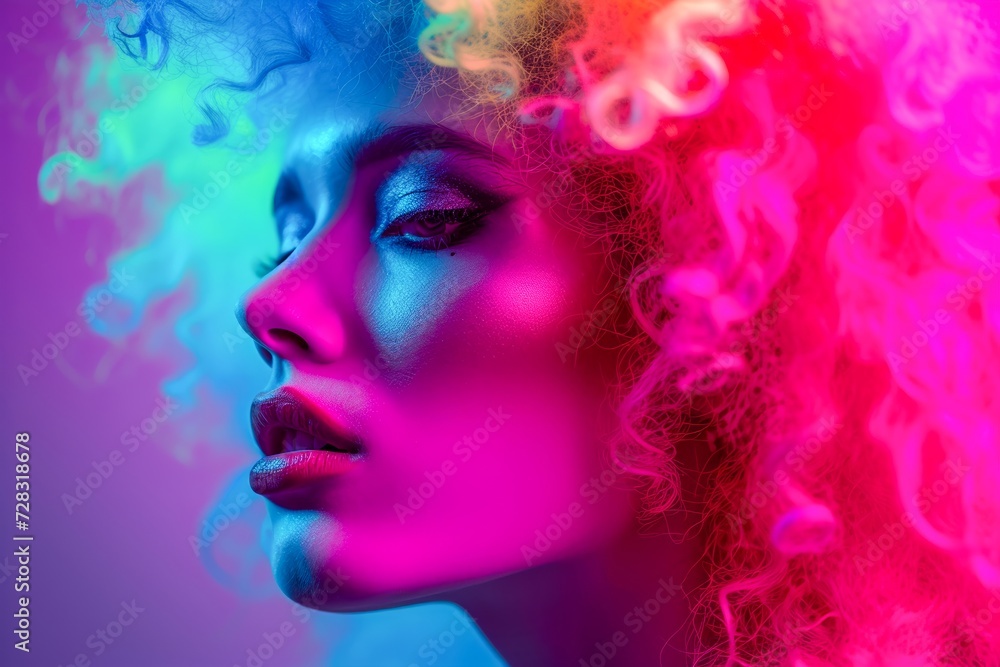 A vibrant woman with magenta hair adorned in colorful clothing and bold pink lipstick gazes confidently at the viewer in this striking portrait, a beautiful fusion of human expression and artistic fl