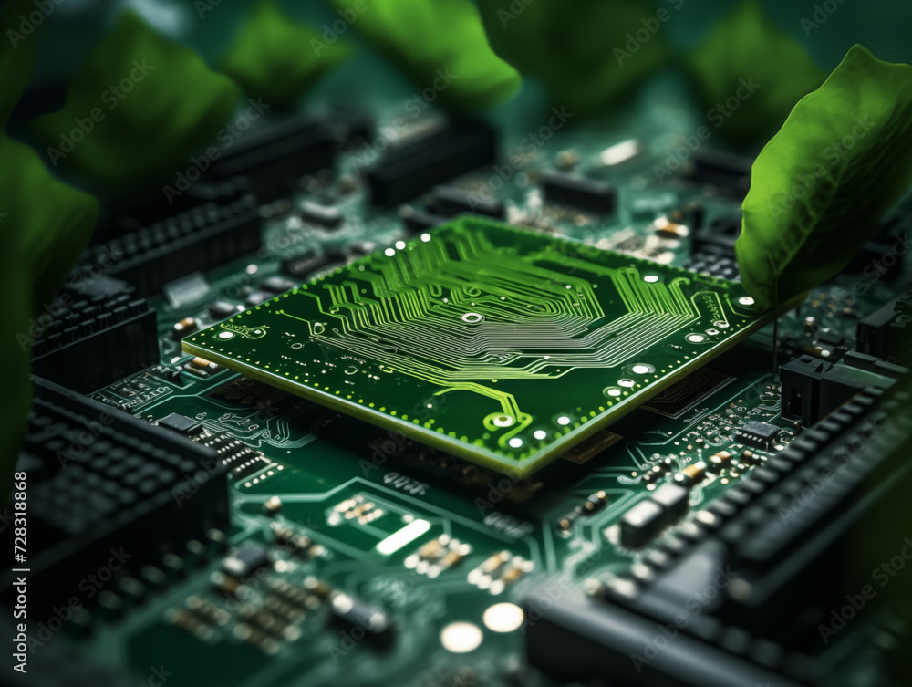 Green Leaf inside a Computer Circuit Board green technology and environmental technology Nature combined with digital technology. Green Leaf inside a Computer Circuit Board green technology and environmental technology Nature combined with digital technology.