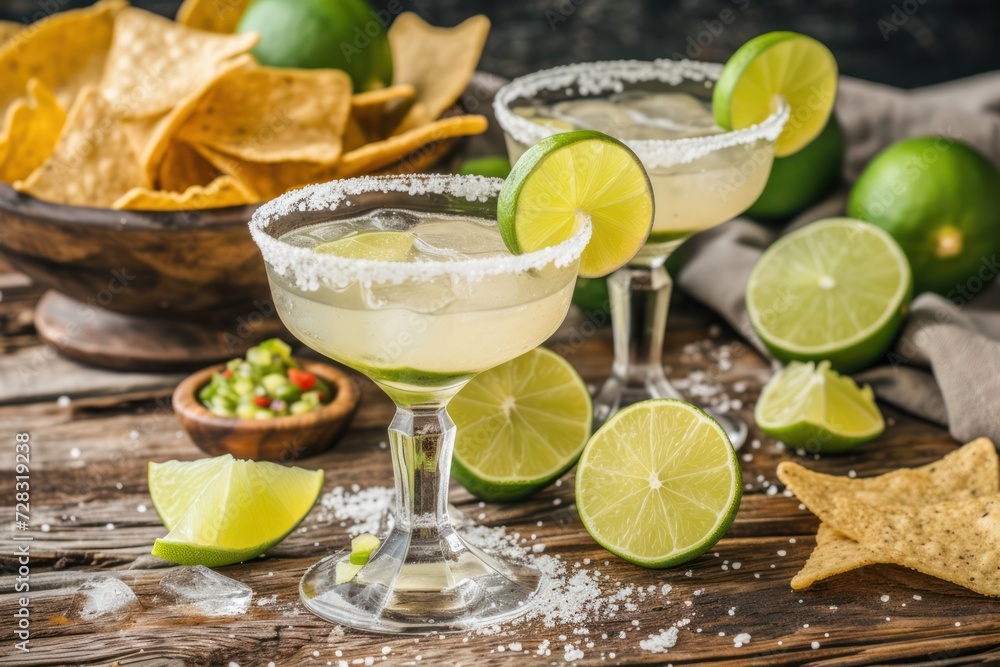 Fototapeta premium This is a photograph of two modern margarita glasses with a rim of salt surrounded by fresh cut limes and peppers on a retro wood background photographed from a high camera angle