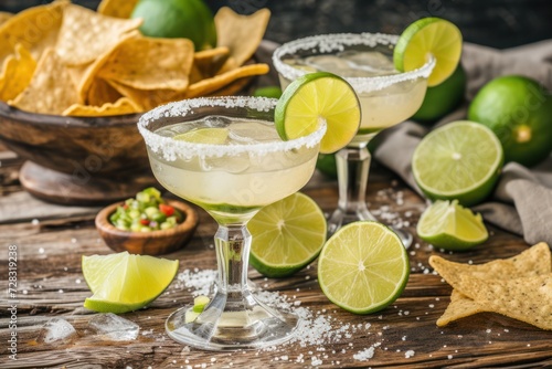 This is a photograph of two modern margarita glasses with a rim of salt surrounded by fresh cut limes and peppers on a retro wood background photographed from a high camera angle 