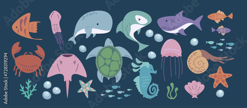 Cute marine animals. Cartoon underwater creatures, colorful ocean sea wildlife, funny hand drawn seahorse jellyfish dolphin seashell. Vector isolated set. Cute turtle, fish star and crab characters