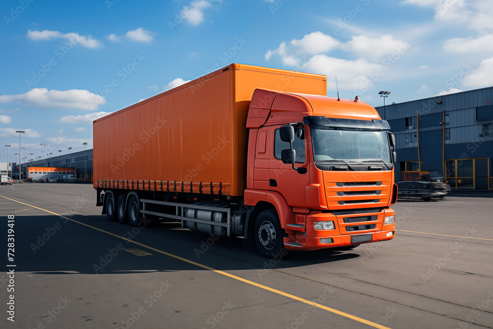 Orange delivery cargo truck with long empty trailer with mockup space, industrial background Orange delivery cargo truck with long empty trailer with mockup space, industrial background