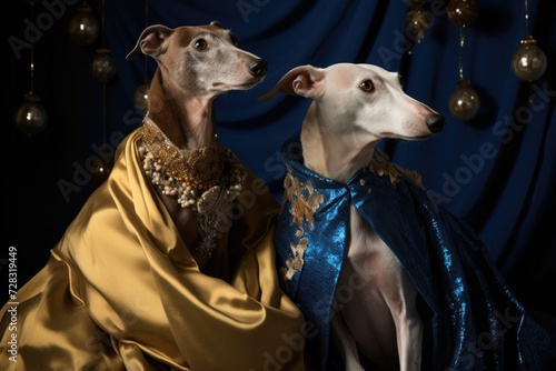 Two whippets dressed in gold and blue. Generative AI. © serg3d