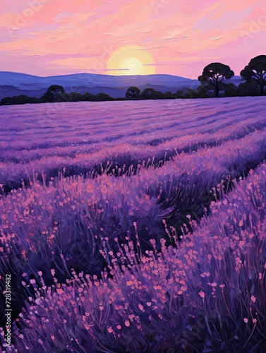 Moonlit Lavender Fields: A Serene Sunset Painting Capturing Dusk's Delicate Reflections on Vast Purple Stretches