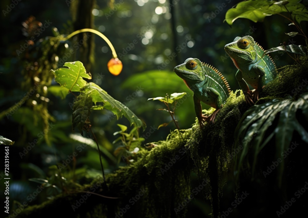 Two chameleons are sitting on a branch in the jungle. Generative AI ... Biology Diagrams