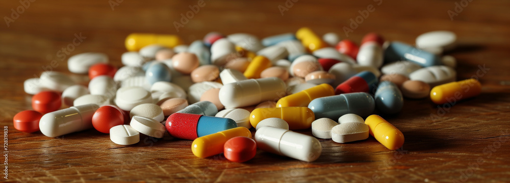 Rozsypane tabletki: Wizualne przedstawienie leków i zdrowia - obrazy, fototapety, plakaty 