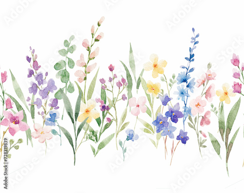 Beautiful horizontal floral seamless pattern with watercolor hand drawn flowers. Stock background design print.