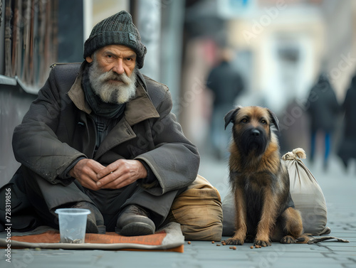 An old homeless man with his dog in the middle of the city asks for a small donation. Poverty alleviation illustration. 