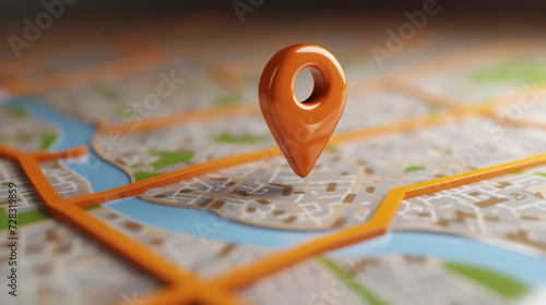 3D Map travel location. Locator mark of map and location pin or navigation icon sign on background with search photo