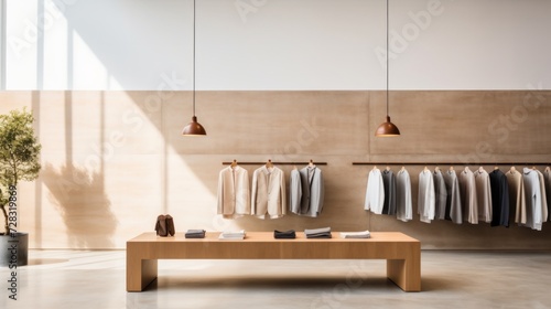 A minimalist luxury retail store with a clean design and designer fashion dis...