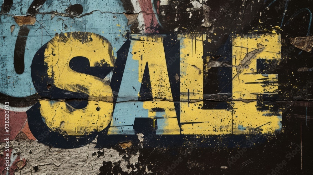 Fototapeta premium The word Sale is written on the wall in graffiti style. Spray paint street art discount. 