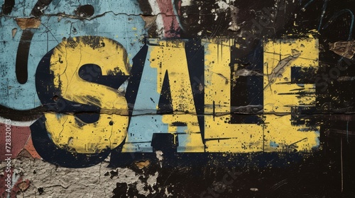 The word Sale is written on the wall in graffiti style. Spray paint street art discount. 
