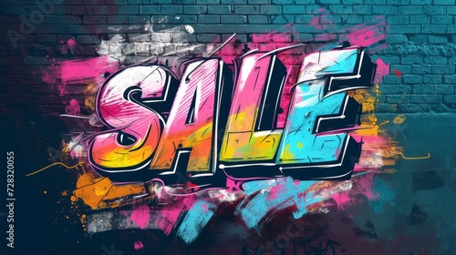 The word Sale is written on the wall in graffiti style. Spray paint street art discount. 