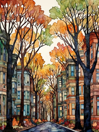 New York Brownstone Art: Urban Tree Line - Lush Streetscape of Tree Lined Artwork