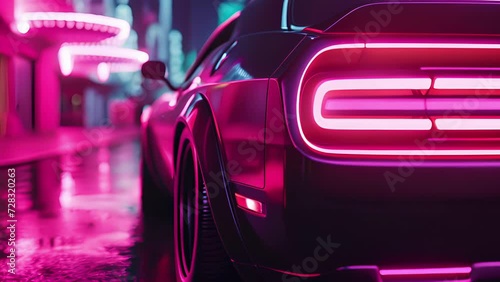 Neon pink lights outlining the license plate adding a fun and playful element to the cars design. photo