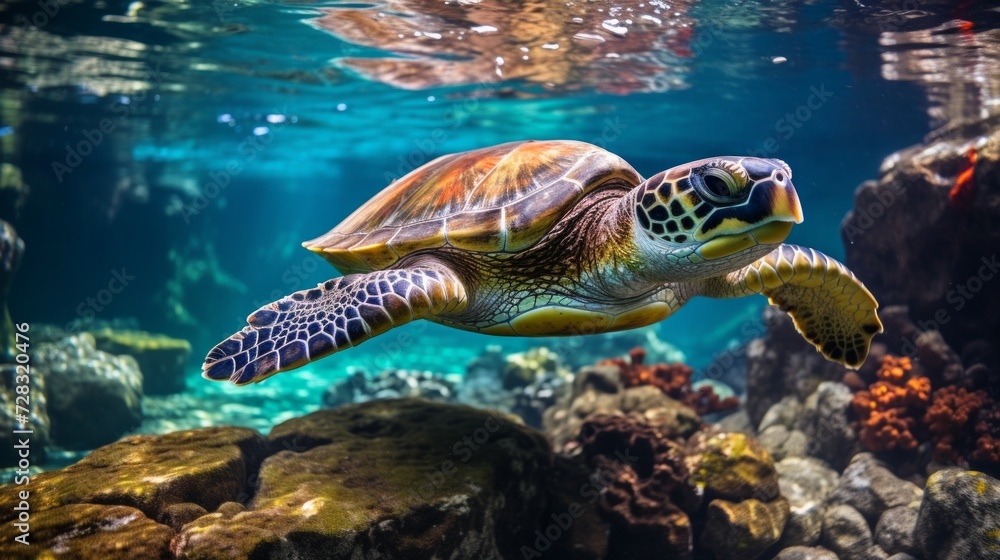 A graceful sea turtle gliding through crystal-clear waters, surrounded by schools of shimmering fish. A graceful sea turtle gliding through crystal-clear waters, surrounded by schools of shimmering fish.