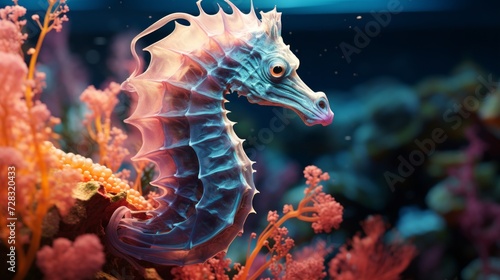 A close-up of a neon-bright seahorse, blending seamlessly with its coral surroundings. © olegganko